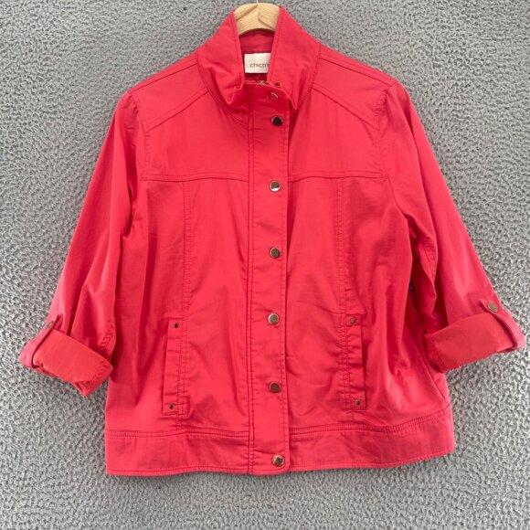 Chicos Jacket Womens 1 US Medium Red Luxe Twill Utility Snap Up Pockets Casual - Picture 2 of 14